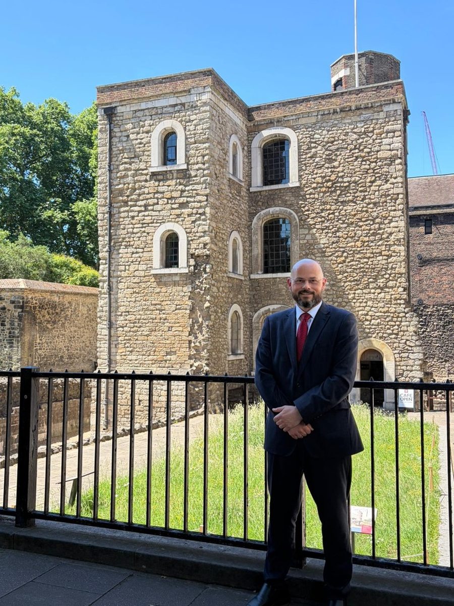 Mark Apsey in a dark suit outside the Jewel Tower, Westminster